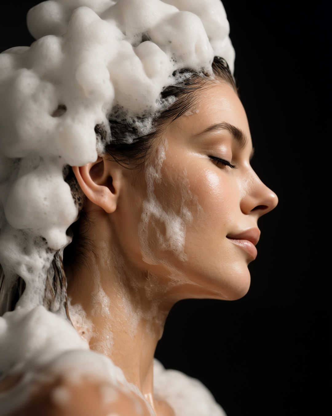 Close-up portrait with rich white shampoo lather